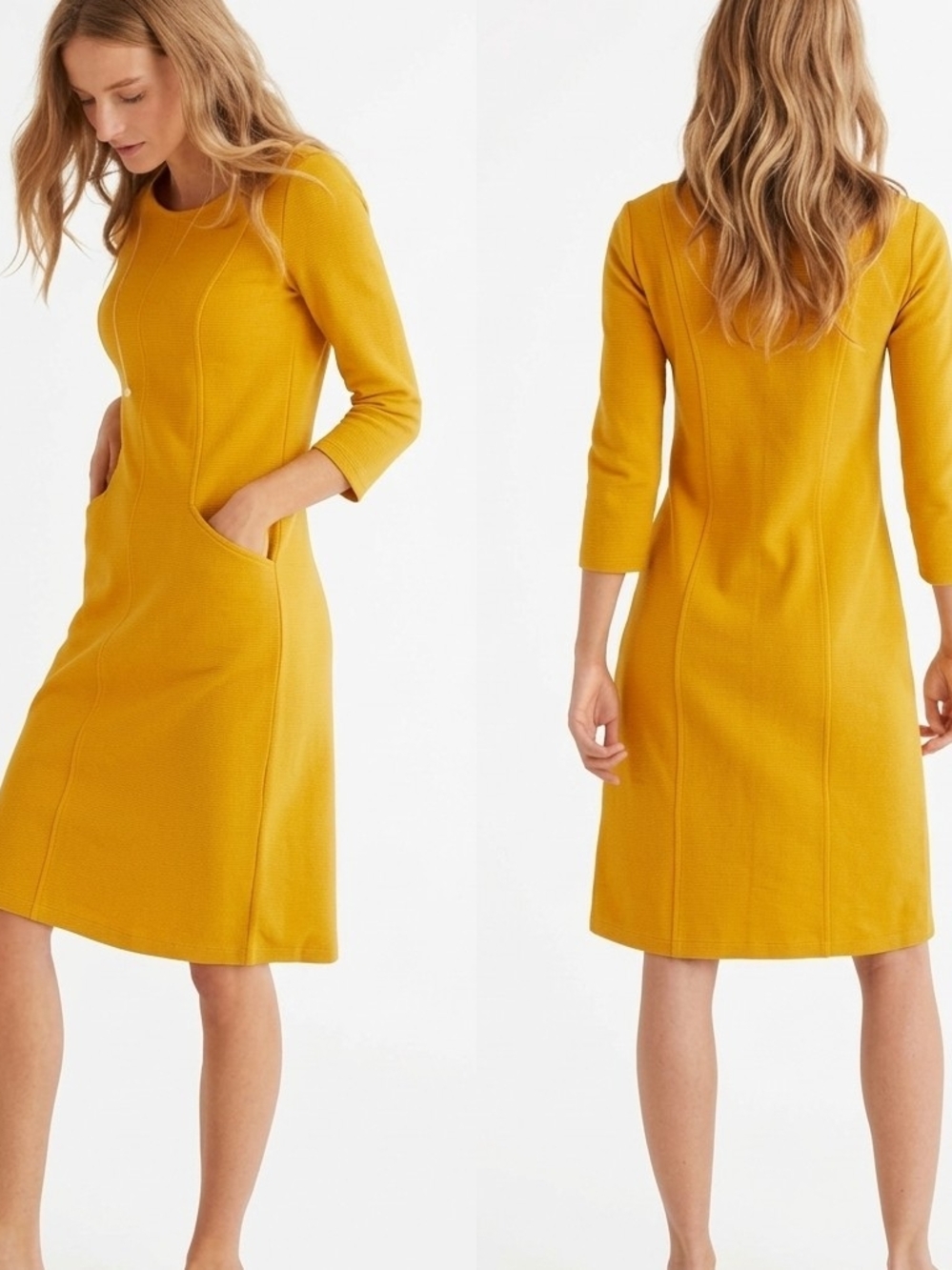 Boden Mustard Yellow Women's Shift Dress - Elegant 3/4 Sleeve